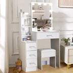 LED Vanity Table with Sliding Mirror, White Makeup Desk 4 Drawers Stool, Dressing Table for Women, Glam Furniture