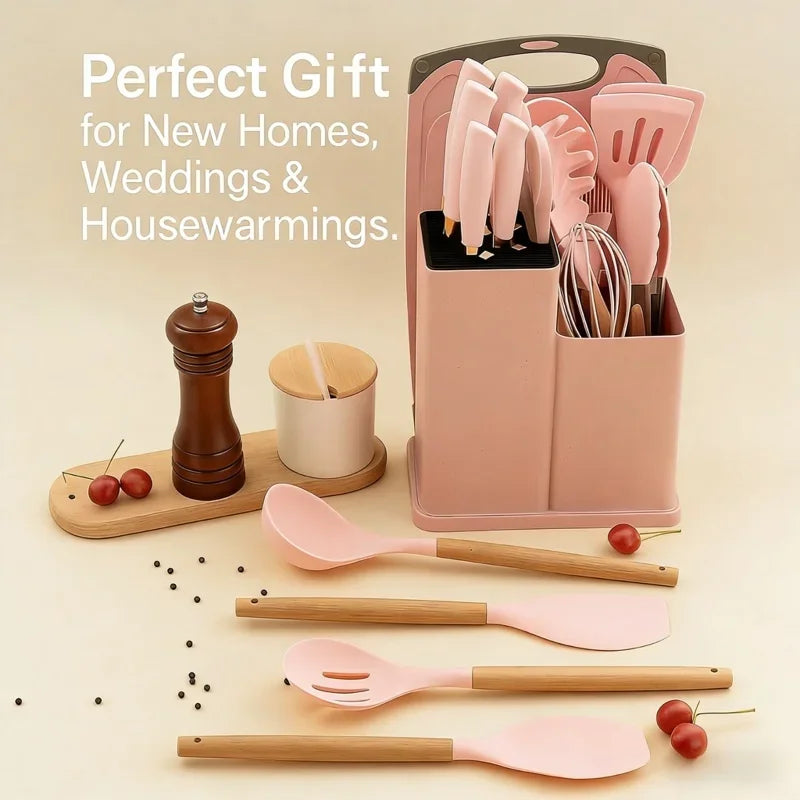 19-in-1 Kitchen Knife & Silicone Utensil Combo Set, Heat Resistant Cooking Tools with Detachable Storage Organizer