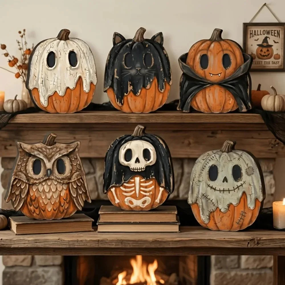 Halloween Interior Decoration Autumn Decoration Retro Wooden Blocks Shelf Decoration Ghosts Black Cats Pumpkins Skeletons Witche