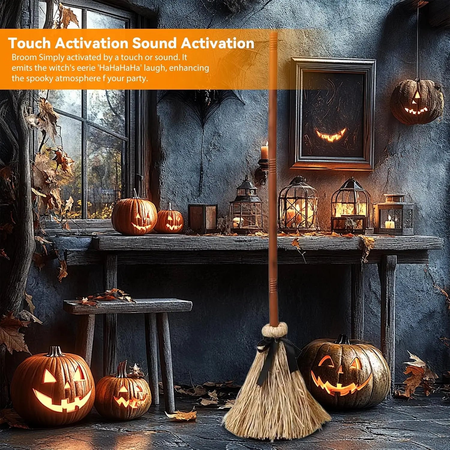 Halloween Floating Witch Broom with Witch Hat Haunted Dancing Moving Prop with Ghost Sounds Terror Atmosphere Home Party Decor