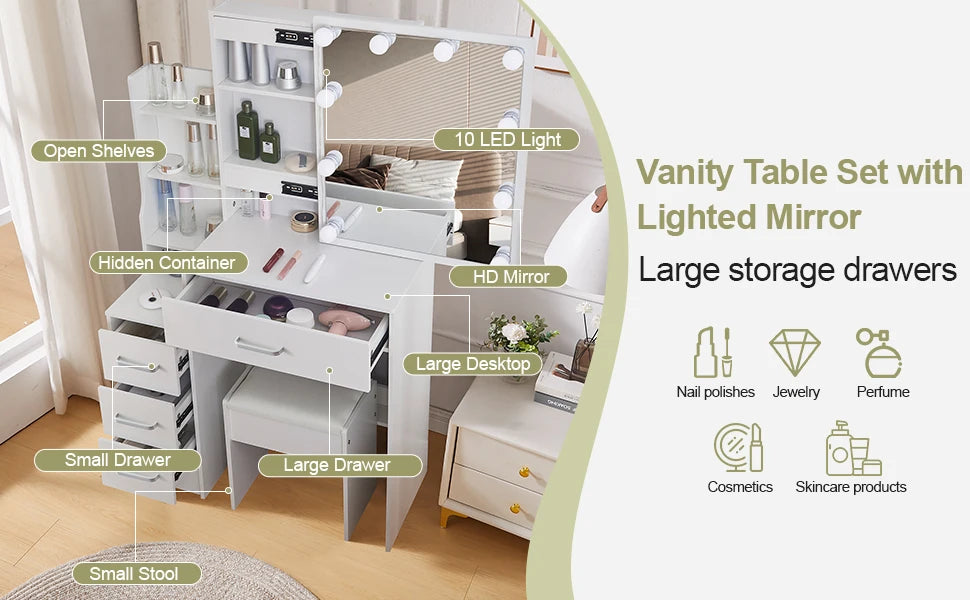 LED Vanity Table with Sliding Mirror, White Makeup Desk 4 Drawers Stool, Dressing Table for Women, Glam Furniture