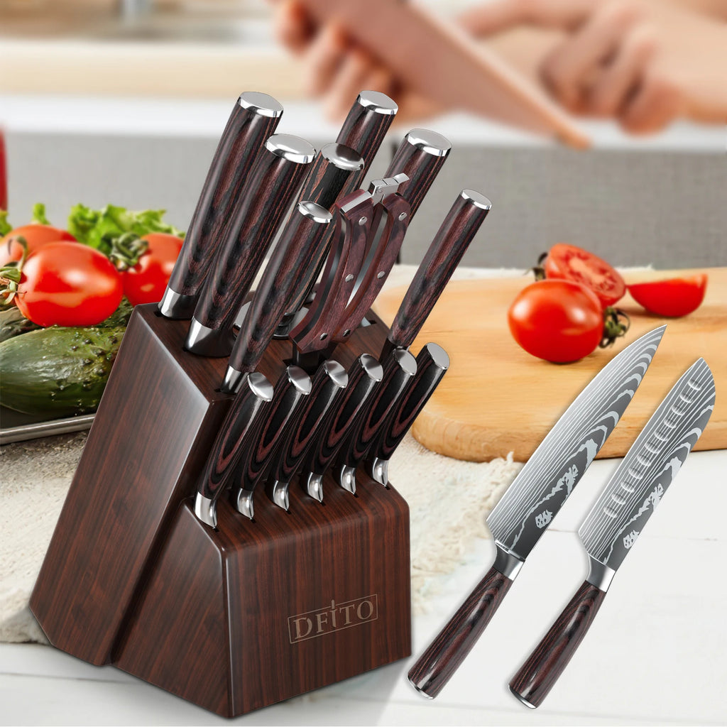 MDHAND Knife Sets for Kitchen 14 Pieces with Knife Holder High Carbon Stainless Steel Damascus Pattern Sharp Chef Knife Set