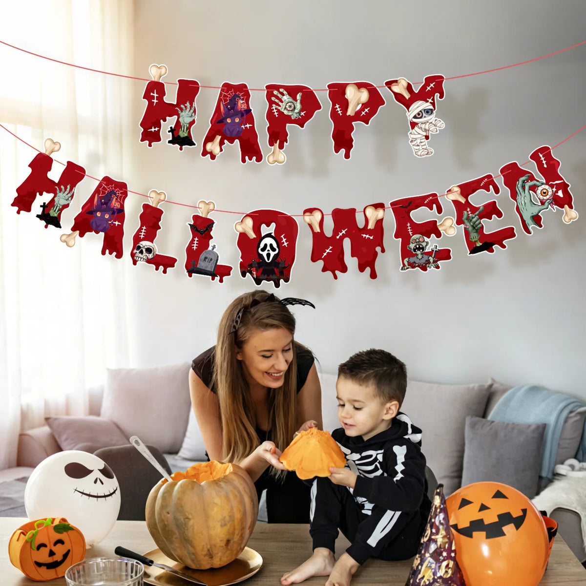 Halloween Ceiling Hangings: Skeletons, Mummies, Bloodstained Handprints, Bat Garlands. Kids Halloween Home Decor