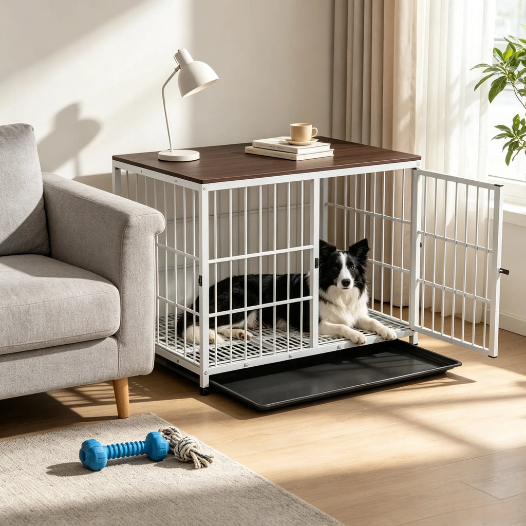 Wooden Dog Crate Furniture with Metal Frame, Large Indoor Dog Kennel End Table, Stylish Pet Cage with 3 Doors and Removable Tray