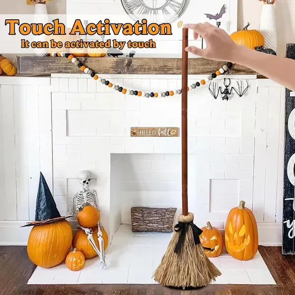 Halloween Floating Witch Broom with Witch Hat Haunted Dancing Moving Prop with Ghost Sounds Terror Atmosphere Home Party Decor