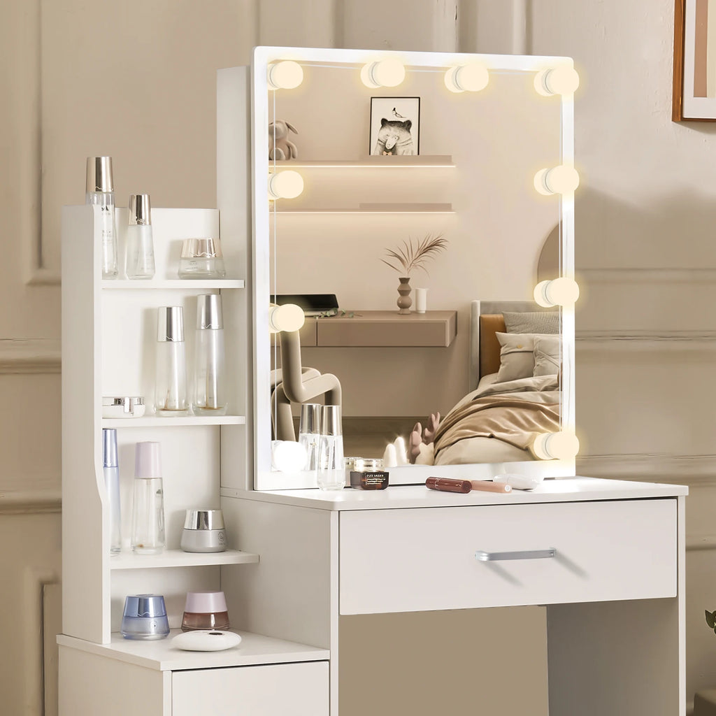LED Vanity Table with Sliding Mirror, White Makeup Desk 4 Drawers Stool, Dressing Table for Women, Glam Furniture