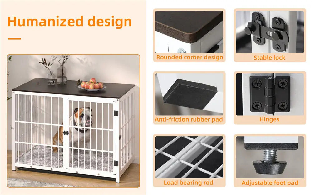 Wooden Dog Crate Furniture with Metal Frame, Large Indoor Dog Kennel End Table, Stylish Pet Cage with 3 Doors and Removable Tray