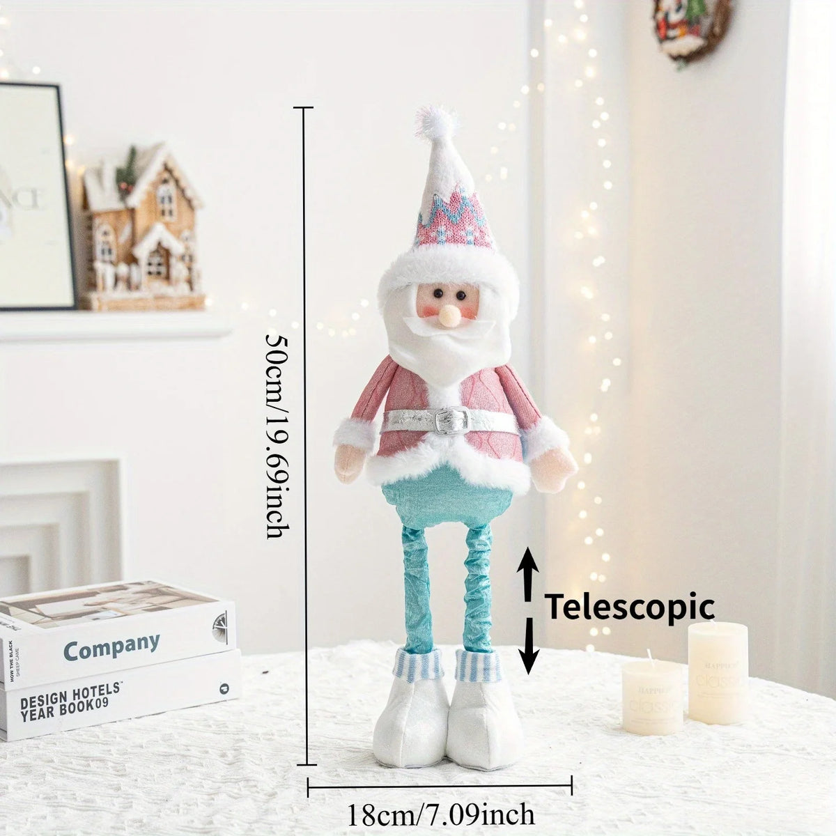 Retractable Santa Claus,Snowman,Elk Dolls,Pink & Blue Fabric Window Decoration with Metal Accents,Multi-Holiday Decor for Christ