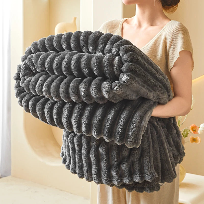 Warm and Comfortable Striped Flannel Blanket, Faux Rabbit Fur Blanket, Soft and Warm Sofa Blanket, Ideal for Napping, Office Use