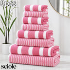 8-Piece Ultra Absorbent Towel Set, Lint-Free & Super Soft Two-Tone Striped Bath Towel Collection, Premium Microfiber Bathroom Towel Set Includes 2 Bath Towels, 2 Face Towels & 4 Hand Towels, Suitable for Bathroom, Spa & Hotel