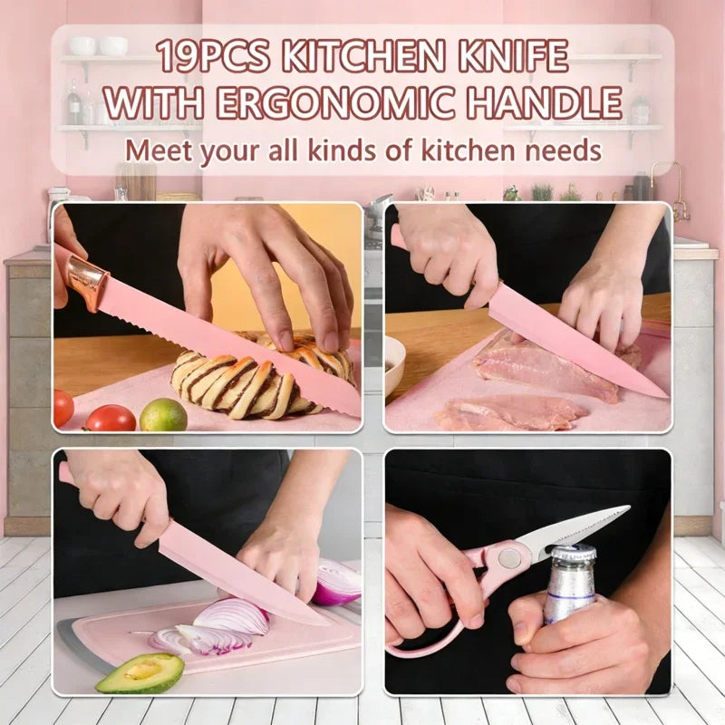 19-in-1 Kitchen Knife & Silicone Utensil Combo Set, Heat Resistant Cooking Tools with Detachable Storage Organizer