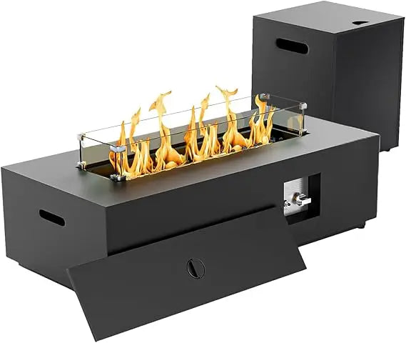 42 Rectangular Propane Fire Pit Table 50,000 BTU Fireplace Table with Wind Guard, Lid, Rocks and Cover, Fire Pits & Outdoor