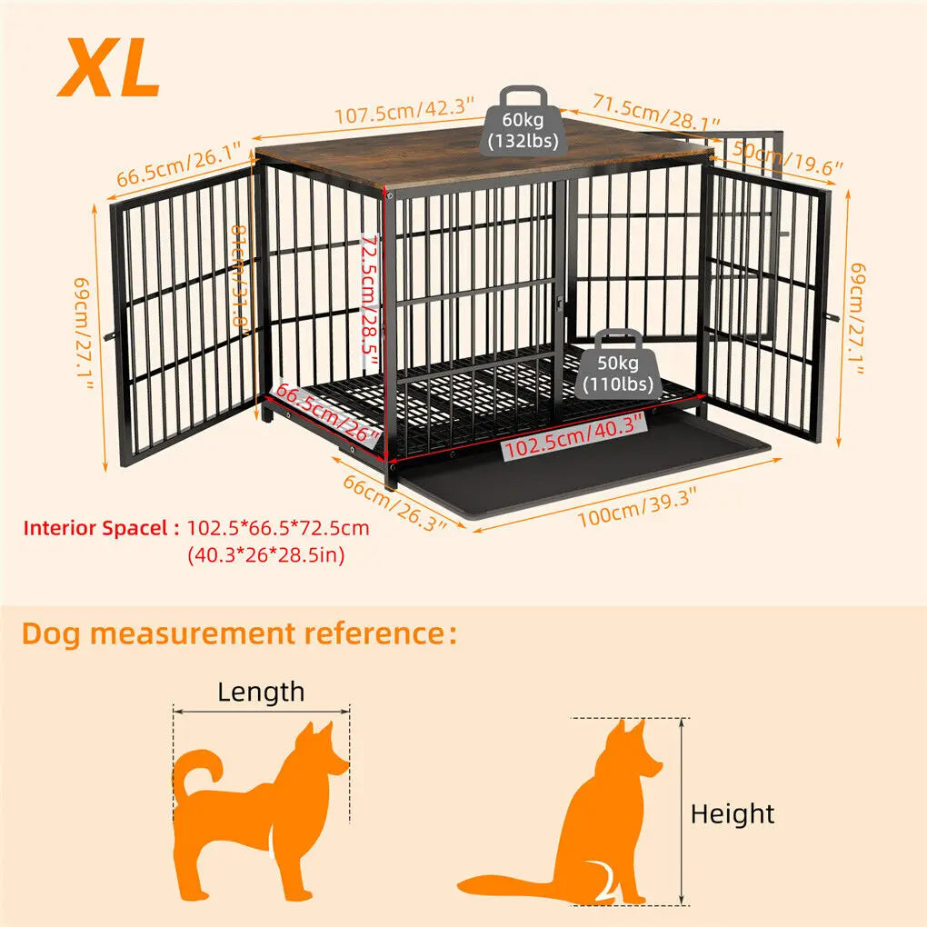 Wooden Dog Crate Furniture with Metal Frame, Large Indoor Dog Kennel End Table, Stylish Pet Cage with 3 Doors and Removable Tray