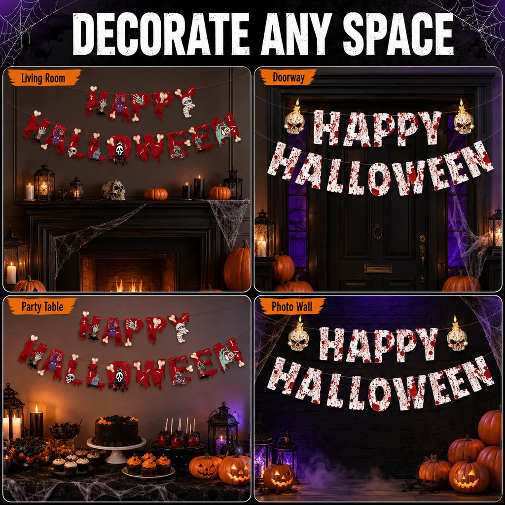 Halloween Ceiling Hangings: Skeletons, Mummies, Bloodstained Handprints, Bat Garlands. Kids Halloween Home Decor