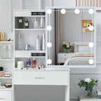 LED Vanity Table with Sliding Mirror, White Makeup Desk 4 Drawers Stool, Dressing Table for Women, Glam Furniture