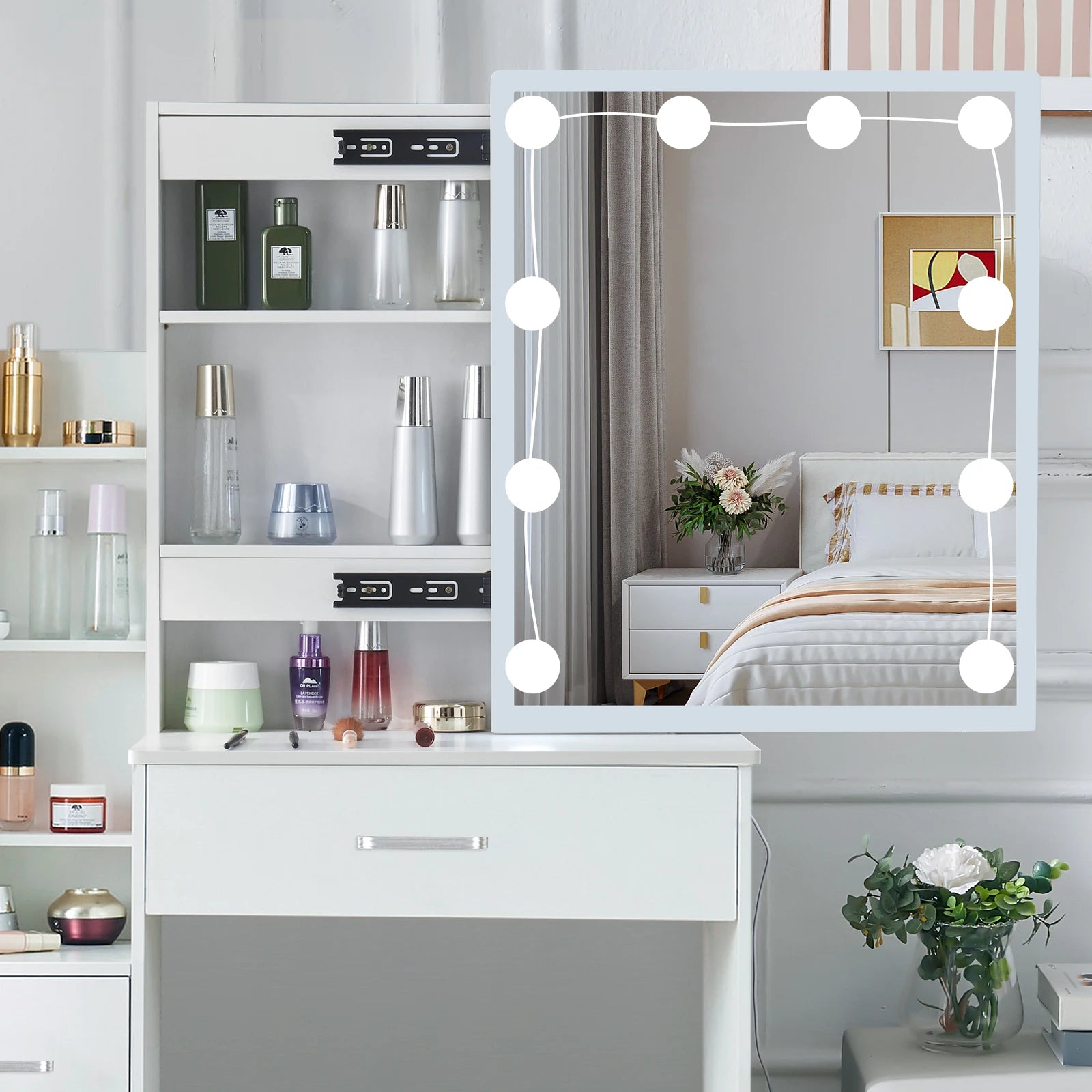 LED Vanity Table with Sliding Mirror, White Makeup Desk 4 Drawers Stool, Dressing Table for Women, Glam Furniture