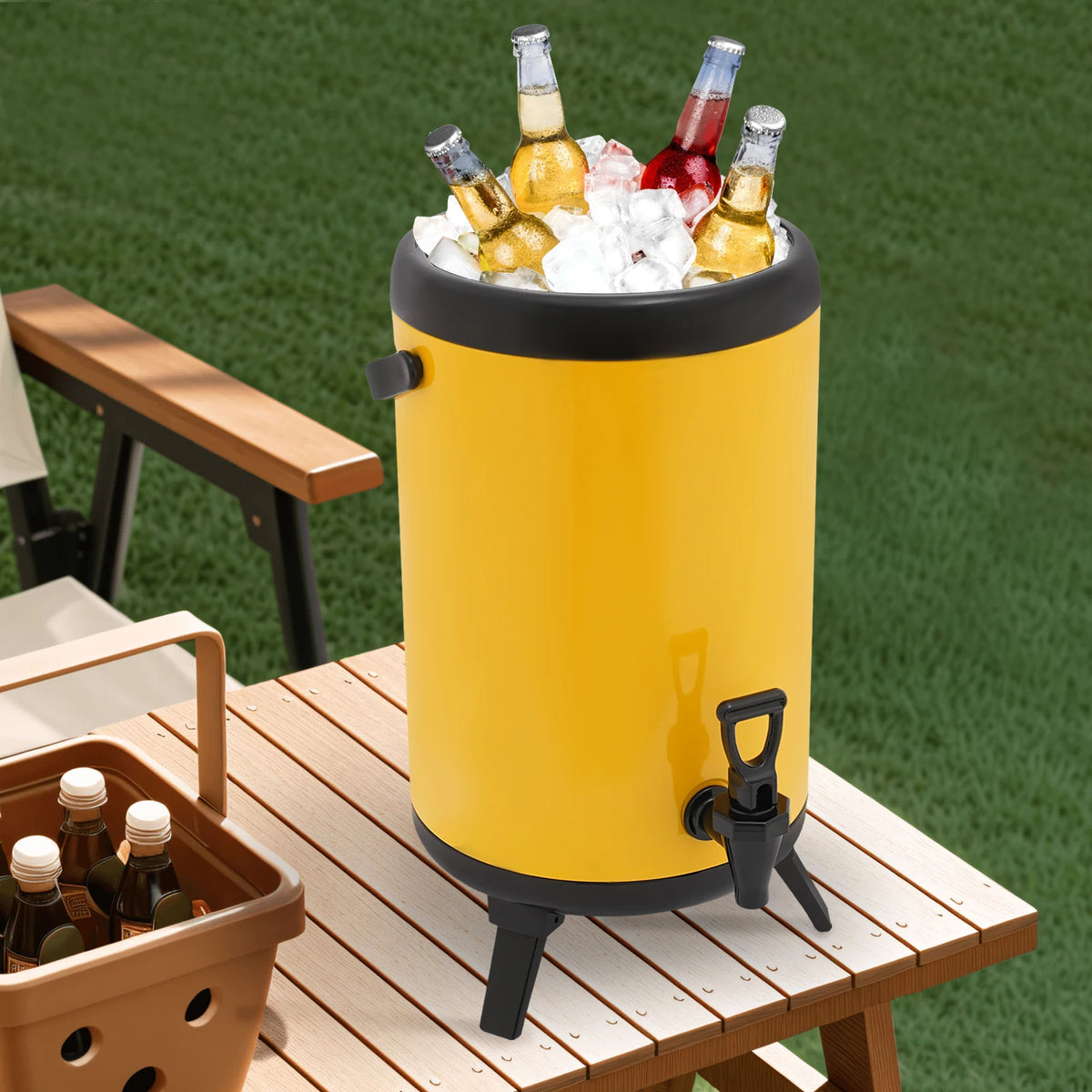 10L Stainless Steel Insulated Beverage Dispenser, Yellow Round Tabletop Drink Server with Spout, Hot & Cold Drink Dispenser