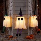 Halloween Hanging Swinging Ghost Decoration Spooky Light Up Swing Ghost with Witch Hat for Outdoor Tree Decor