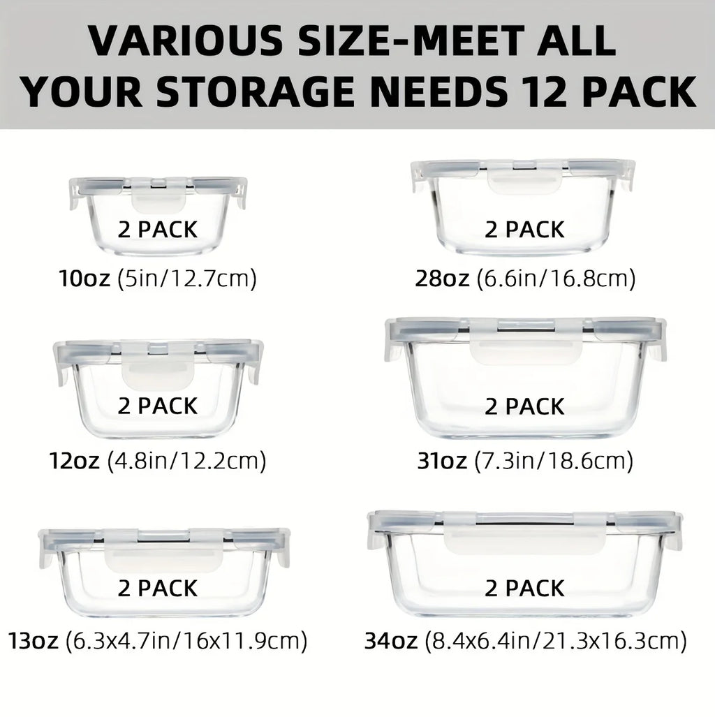 24PCS (12containers+12lids) High Borosilicate Glass Food Storage Containers Set - Leakproof Airtight Lids Perfect for Meal Prep