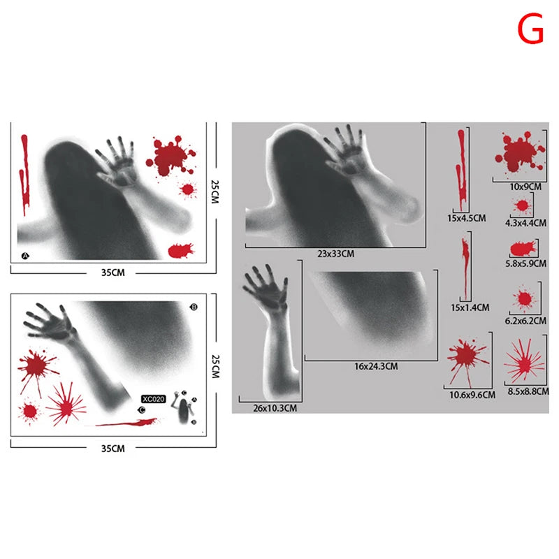 【H】Halloween Stickers Horror Blood Hand Print Door Stickers Window Bathroom Shadow Glass Female Ghost Wall Decal Halloween Decor