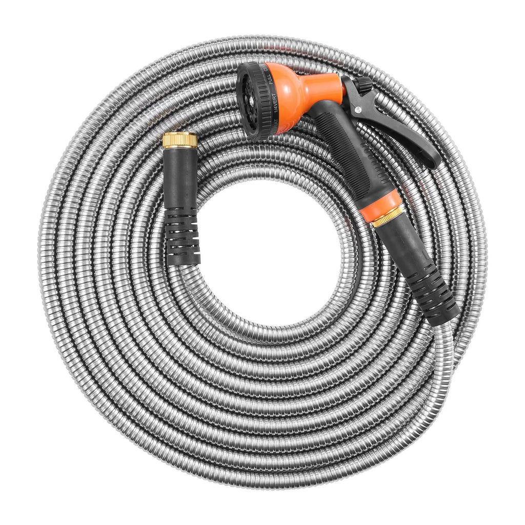 Metal Garden Hose 50 ft, Rust Proof Stainless Steel Water Hose, Heavy Duty Backyard Hose with 10 Function Nozzle, No-Kink & Flexible Water Pipe, Lightweight Metal Hose for Yard, Outdoor