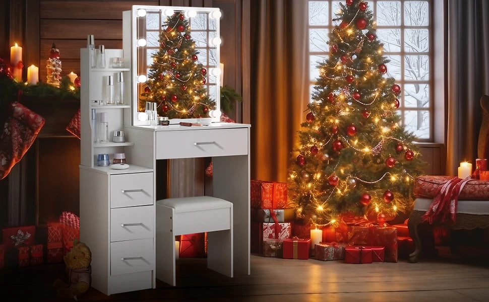 LED Vanity Table with Sliding Mirror, White Makeup Desk 4 Drawers Stool, Dressing Table for Women, Glam Furniture