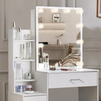 LED Vanity Table with Sliding Mirror, White Makeup Desk 4 Drawers Stool, Dressing Table for Women, Glam Furniture