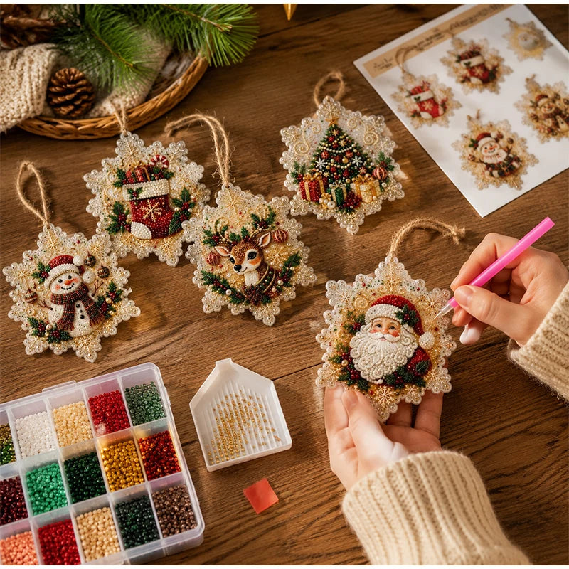 Christmas Diamond Painting Kit DIy Christmas Wooden Ornaments Xmas Snowman Reindeer Hanging Decor Relaxing Project Holiday Gifts
