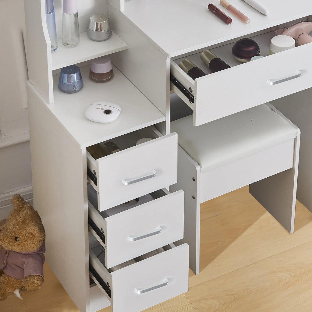 LED Vanity Table with Sliding Mirror, White Makeup Desk 4 Drawers Stool, Dressing Table for Women, Glam Furniture