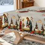 A Christmas tablecloth depicting the birth of Jesus in a sacred style, with white and red decorations and angels.zyc