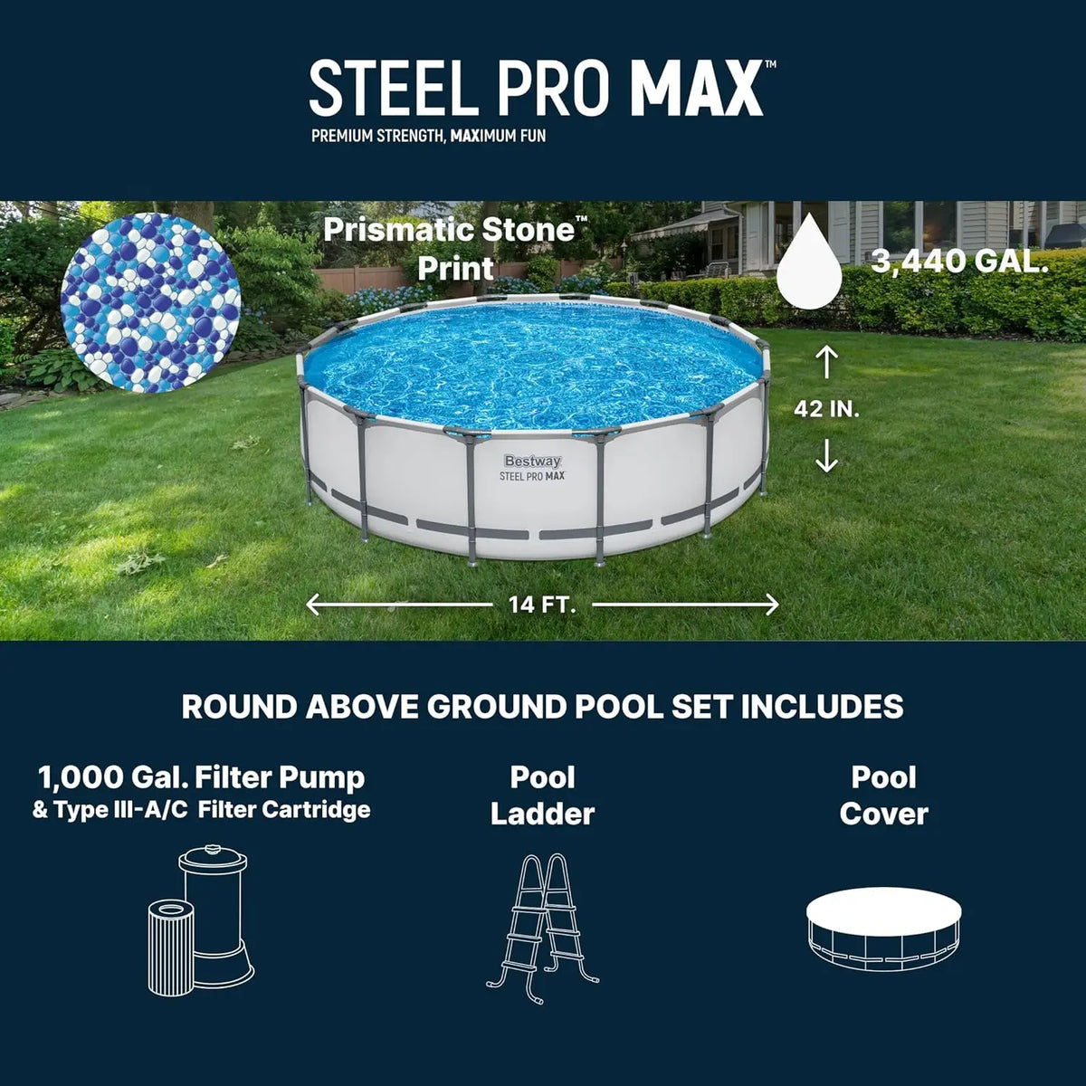 Steel Pro MAX  Above Ground Pool, Round Metal Frame Outdoor Swimming Pool Set with Filter Pump, Ladder, and, Custom
