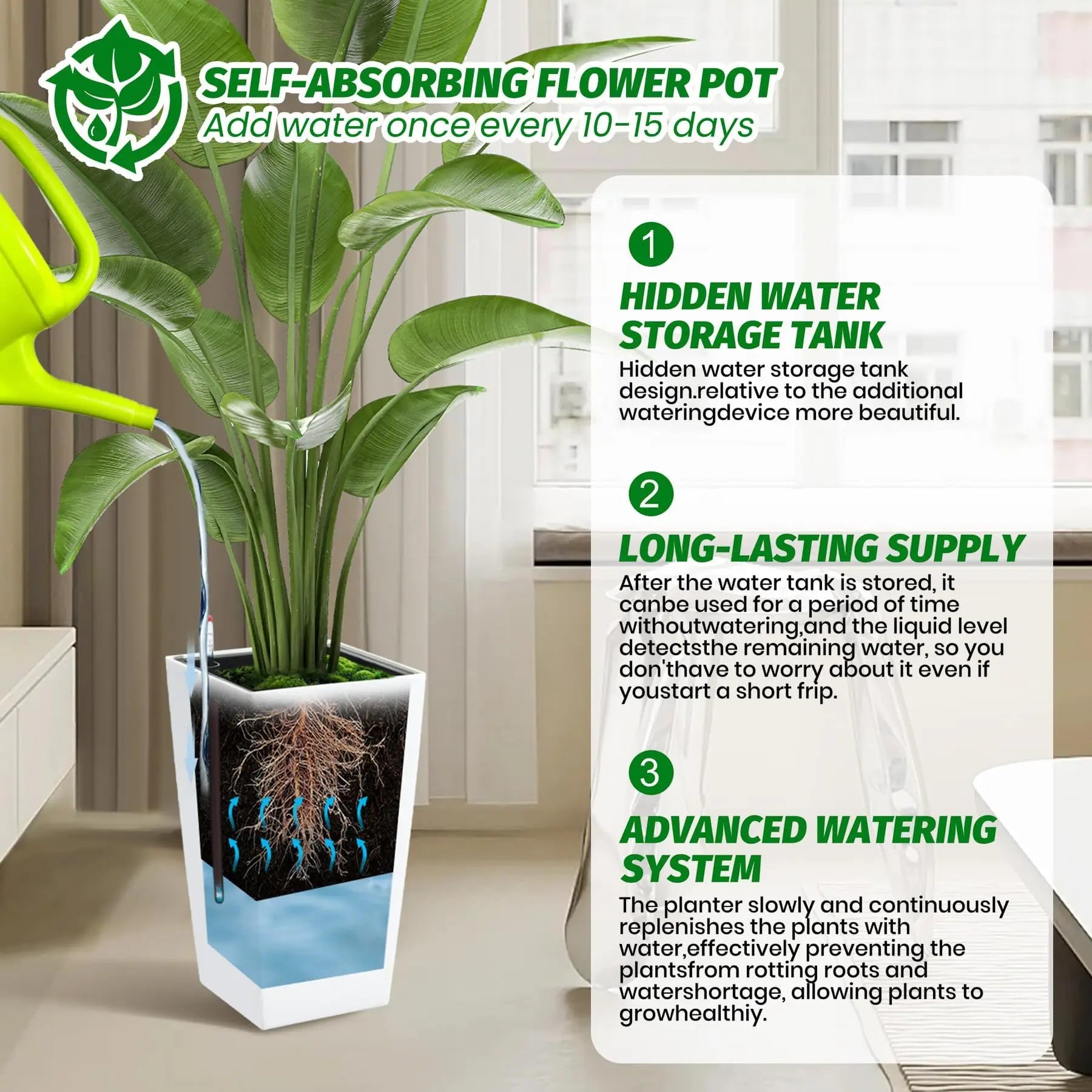 15.7"/22.5" Tall Planters Set Of 2, Self Watering Indoor Outdoor Front Porch Planter Pots With Drainage & Monitor Bucket