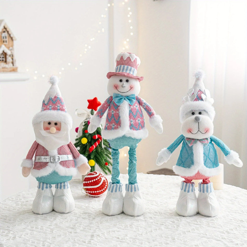 Retractable Santa Claus,Snowman,Elk Dolls,Pink & Blue Fabric Window Decoration with Metal Accents,Multi-Holiday Decor for Christ