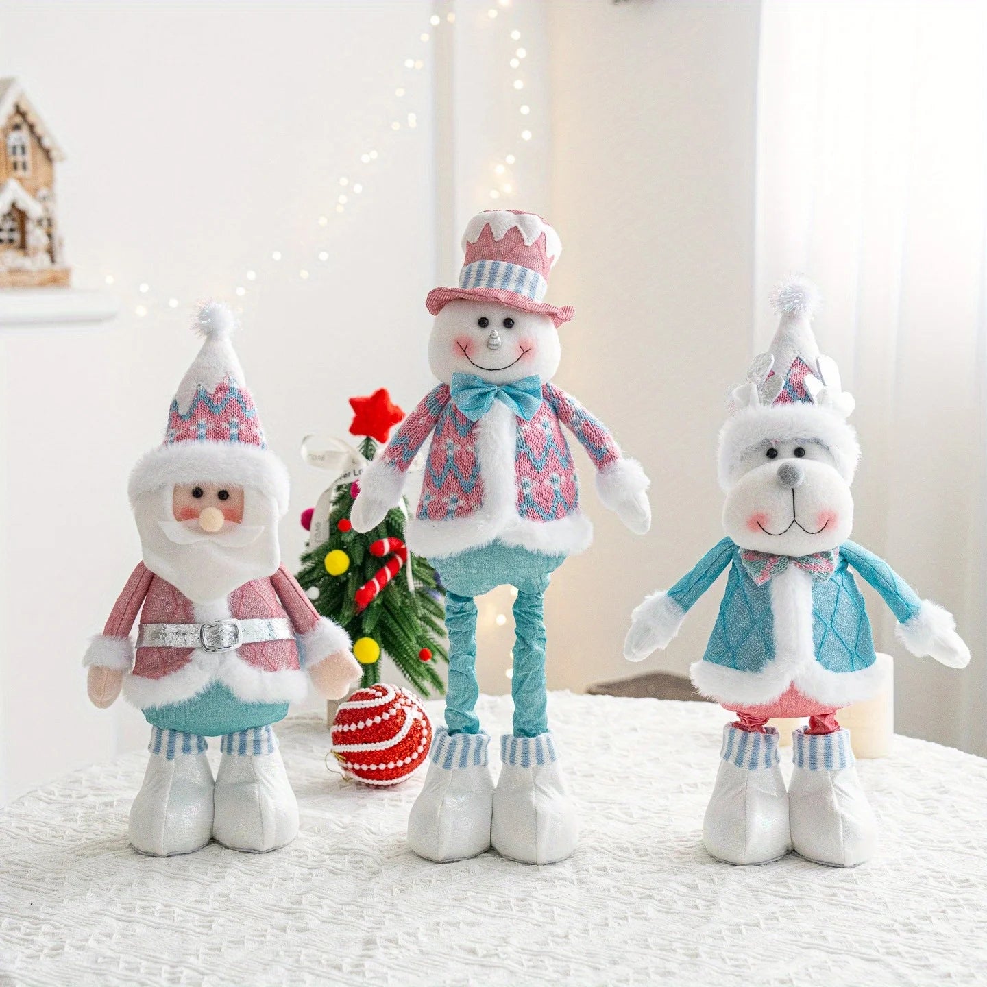 Retractable Santa Claus,Snowman,Elk Dolls,Pink & Blue Fabric Window Decoration with Metal Accents,Multi-Holiday Decor for Christ