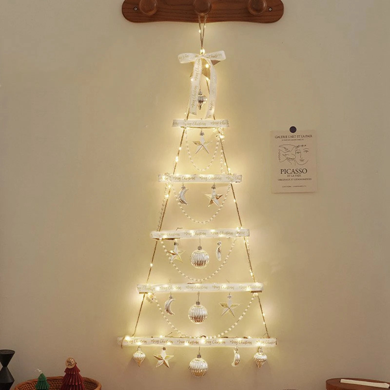 Christmas Tree Wall Decoration Glowing LED Red Bow Snowman Pine Cone Festive Home Indoor Hanging Accessory Set