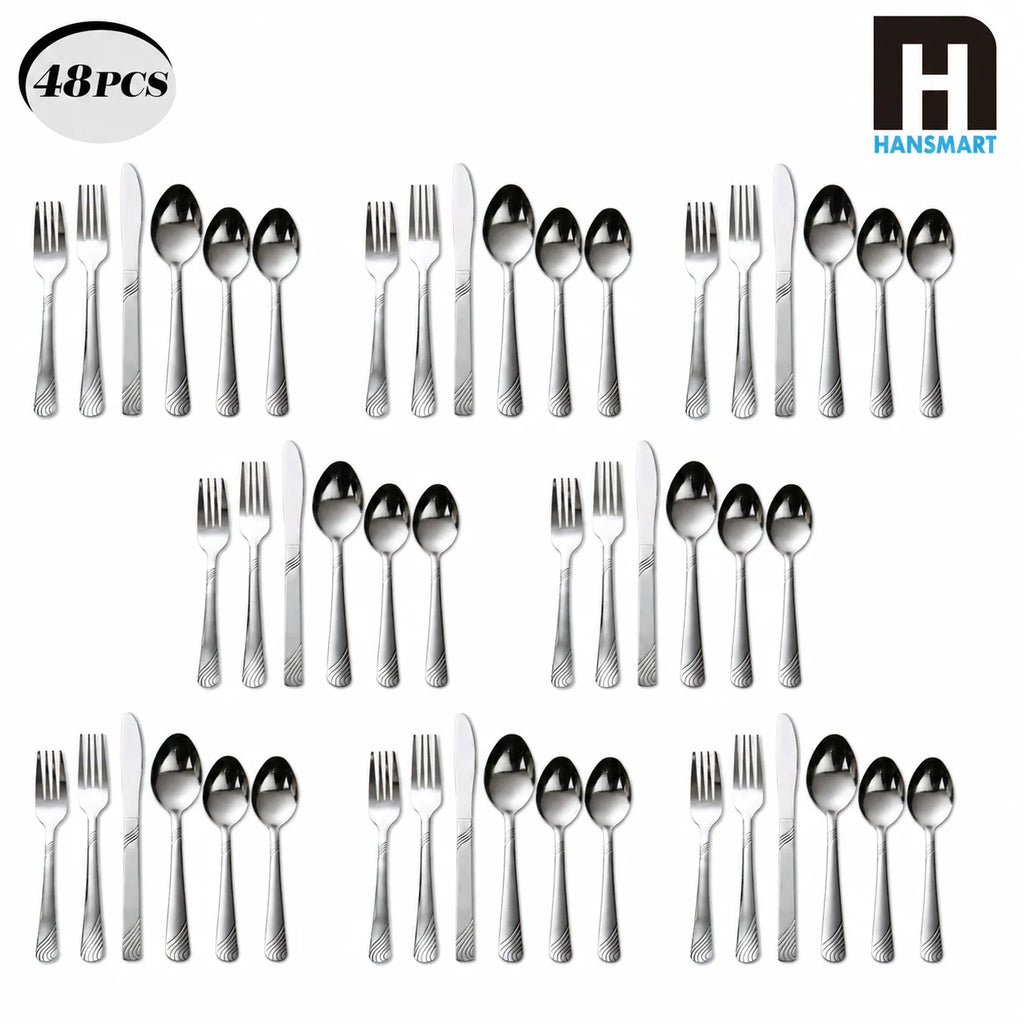 HANSMART 48-Piece Stainless Steel Flatware Set Service for 8 Silver Cutlery Set Silverware Set Kitchen Tableware Utensils Set with 16 Teaspoons Spoons Forks Knives Dinner Cutlery Silverware Sets