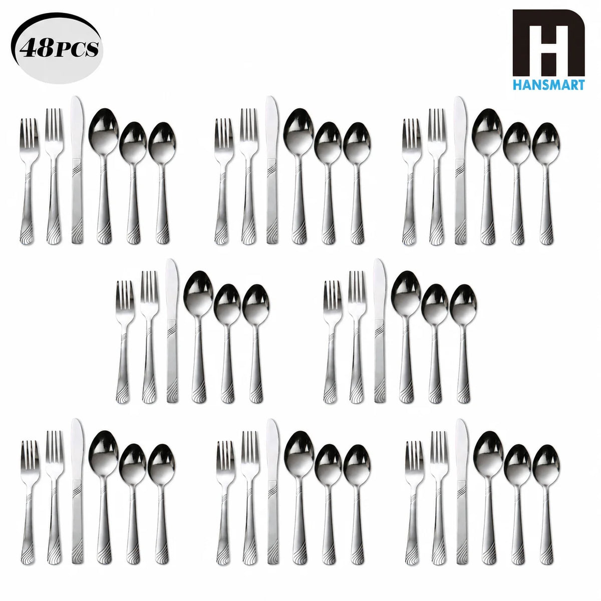HANSMART 48-Piece Stainless Steel Flatware Set Service for 8 Silver Cutlery Set Silverware Set Kitchen Tableware Utensils Set with 16 Teaspoons Spoons Forks Knives Dinner Cutlery Silverware Sets