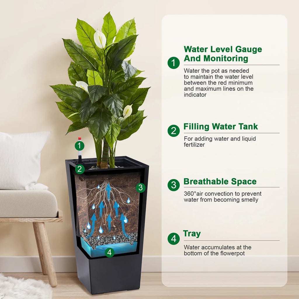 Rectangular Planters Set of 2, Large Plant Pots with Drainage Holes＆Water Level Monitor for Outdoor Indoor Patio Porch Rooms
