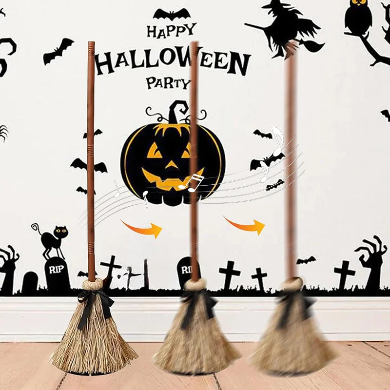 Halloween Animated Floating Witch Broom Sound Activated Dancing Magic Broom Detachable Electric Broom Prop Horror Party Decor