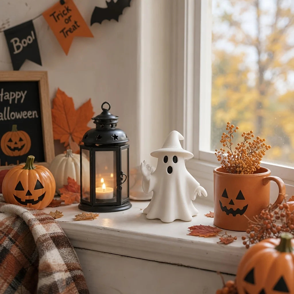 Halloween ghost ornament, 3D printed funny ghost figurine in an OK pose, suitable for home decoration, living room, bedroom