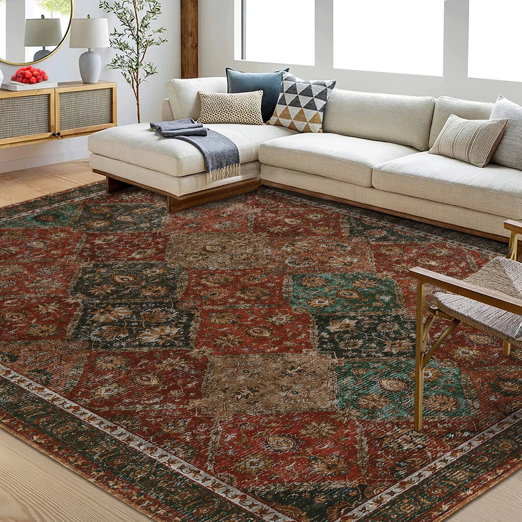 Rug for Living Room, Machine Washable, Non-Slip,Stain & Water Resistant, Low-Pile Moroccan Trellis Hallway Vintage Foldable Rug