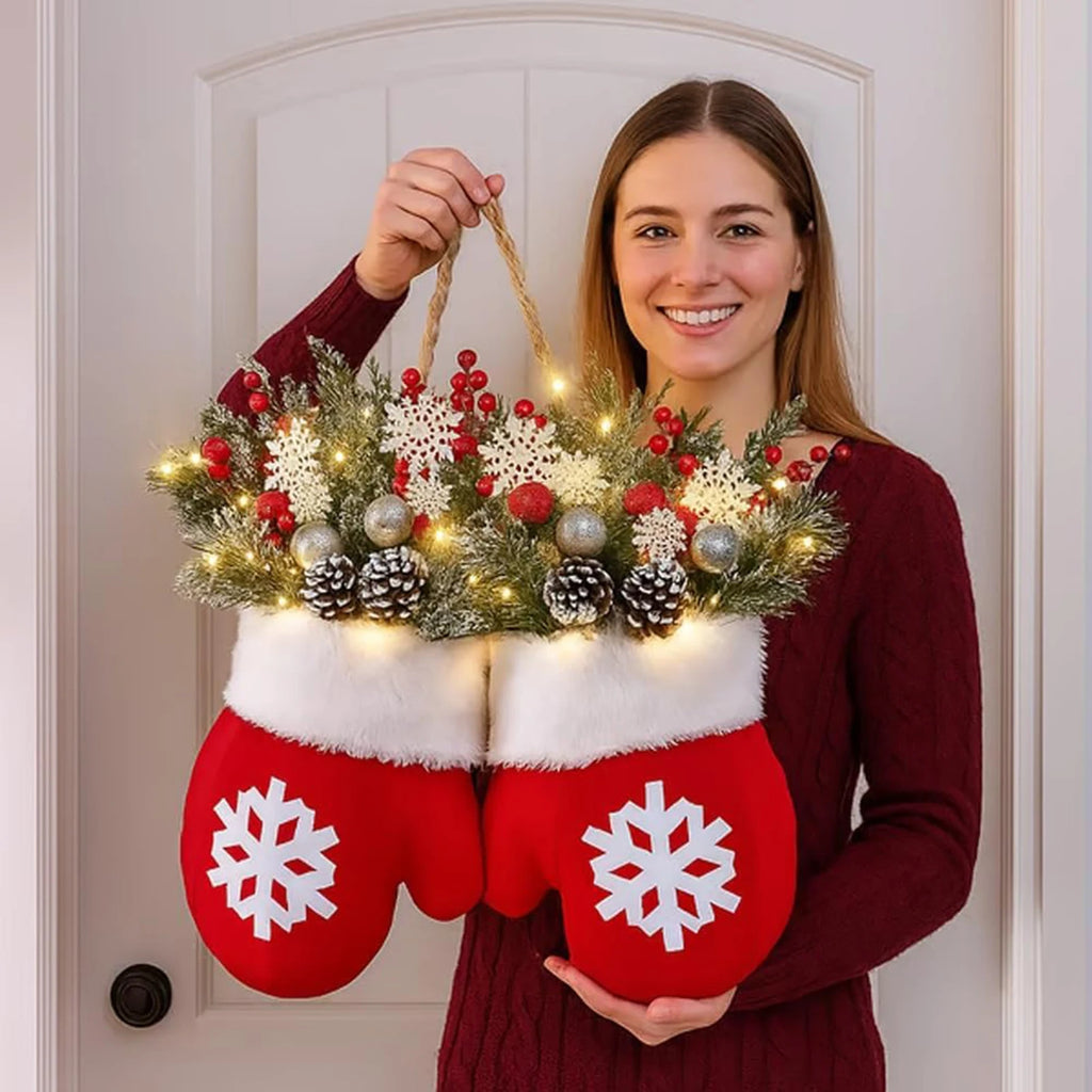 Christmas Gloves Wreath with Light with Light Design Wreath Hanging Ornaments for Christmas Indoor Outdoor Wall Decor