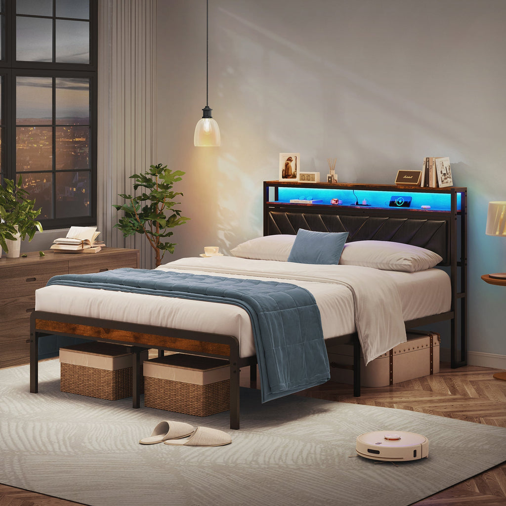 Full Size Metal Platform Bed Frame with Adjustable Upholstered Headboard