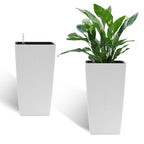 Indoor/Outdoor Modern Faux Rattan Design Square Planter, 22.6 inch White Plastic Large Planter with Automatic Watering System for Home and Garden (White, 22.6 inch - 2 Pack)