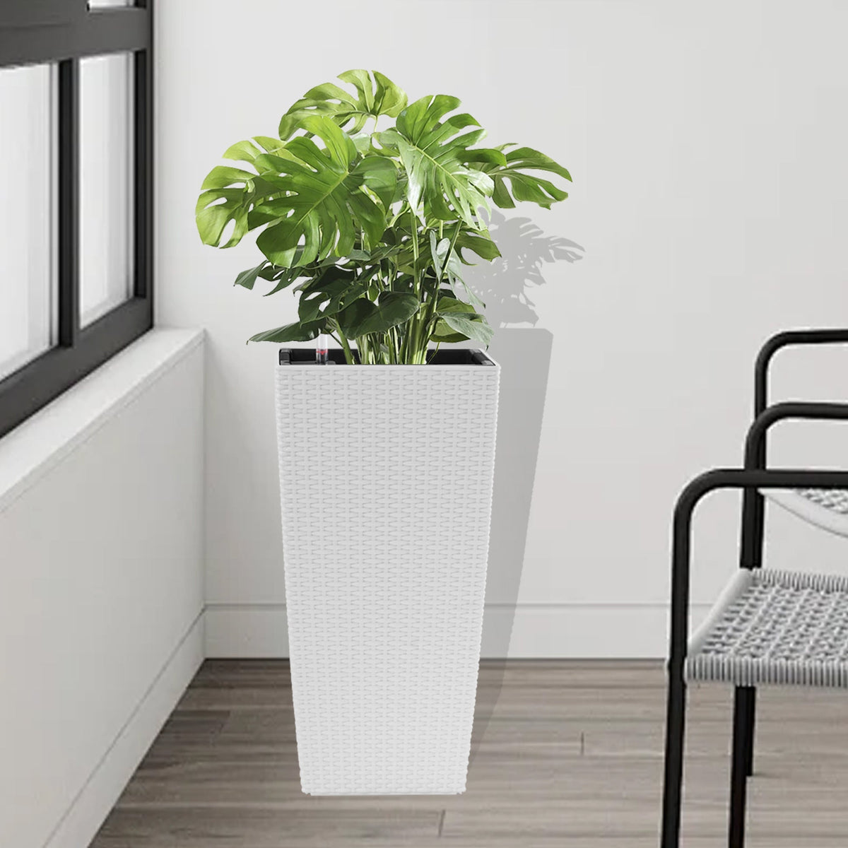 Indoor/Outdoor Modern Faux Rattan Design Square Planter, 22.6 inch White Plastic Large Planter with Automatic Watering System for Home and Garden (White, 22.6 inch - 2 Pack)