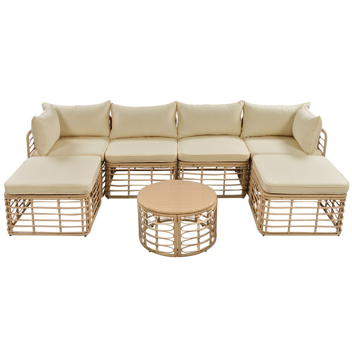 7 Pieces Outdoor Patio Furniture, All-Weather Rattan Sectional Sofa Set with Thick Cushions and Pillows, Freely Combined Conversation Sets for Garden, Backyard, Balcony, Brown
