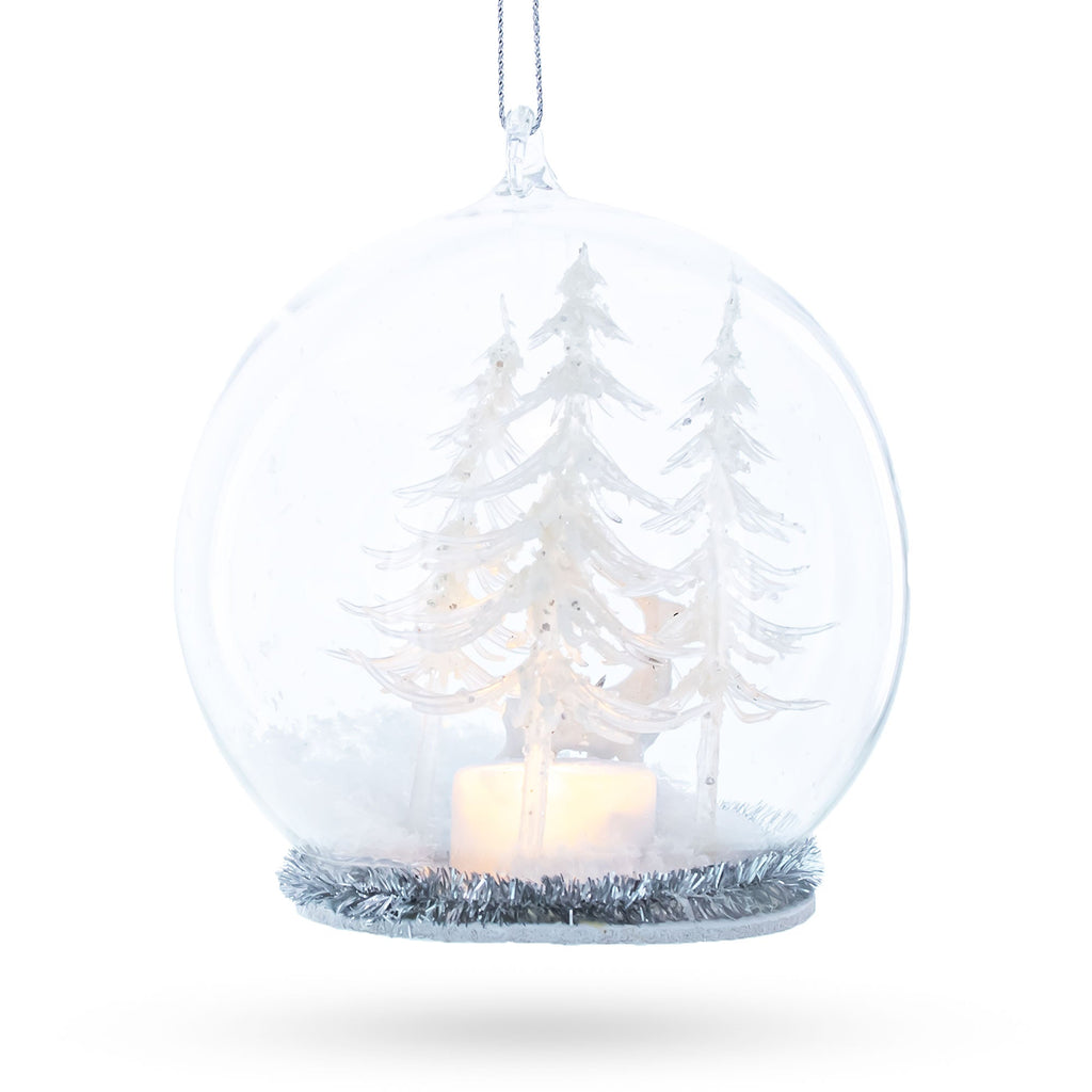 Winter Forest Snow Globe with White Deer Glass Christmas Ornament