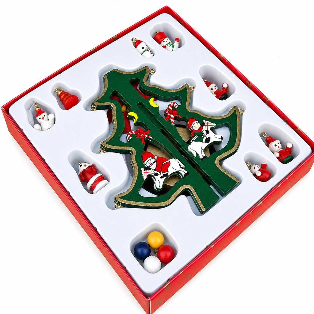 Delightful Wooden Tabletop Christmas Tree with Santa and Miniature Ornaments 6.5 Inches Tall