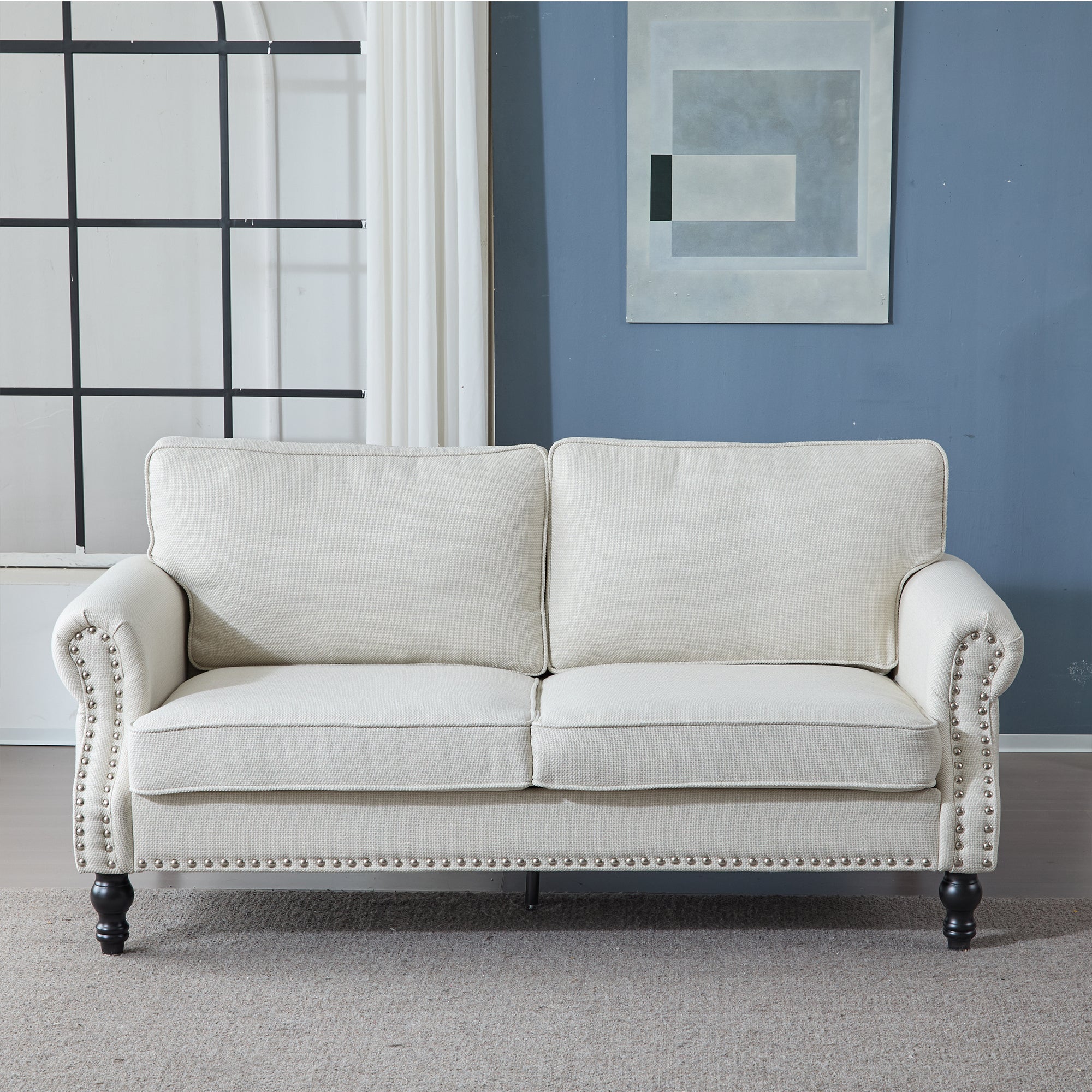 68 Inch Faux Leather Rolled Arm Sofa with Nailhead Trim