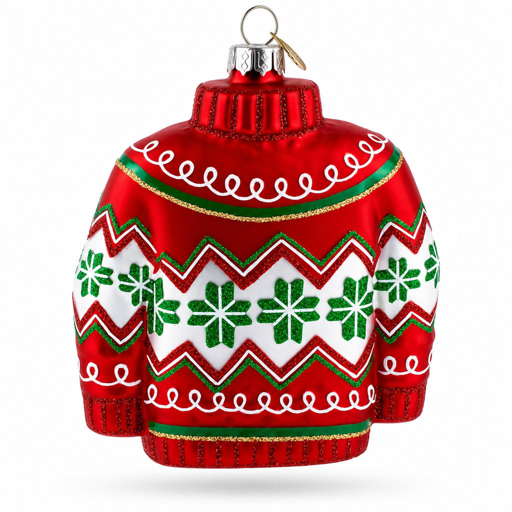 Holiday Knit Sweater with Snowflake Pattern Glass Christmas Ornament